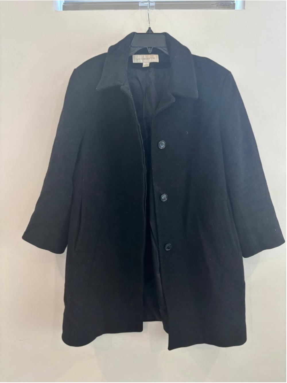 Liz Claiborne Black Button Front Coat Womens Size 16 Lined Classic #S46